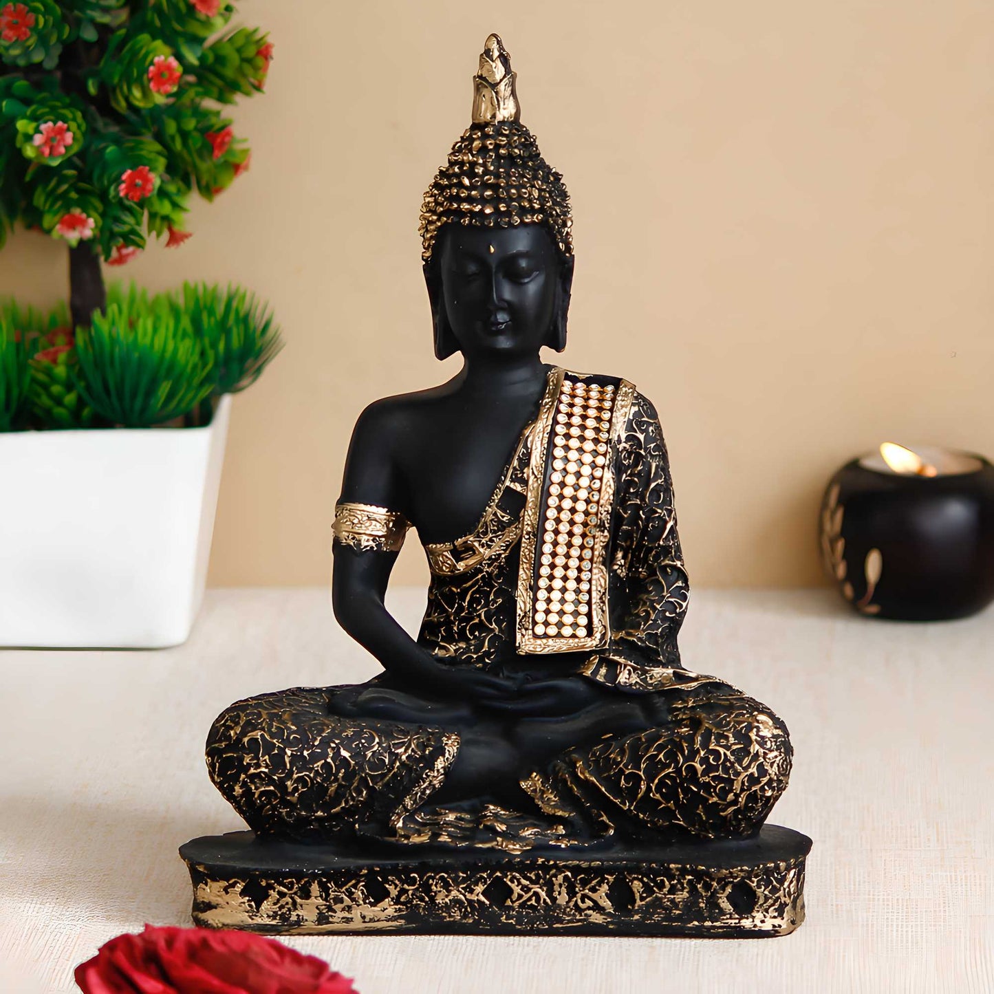 CraftIndia Black and Golden Meditating Lord Buddha